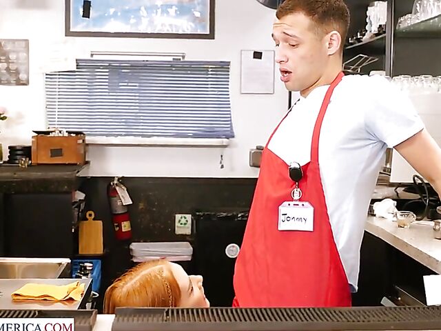 Young redhead Harper Red gets nailed behind the bar counter