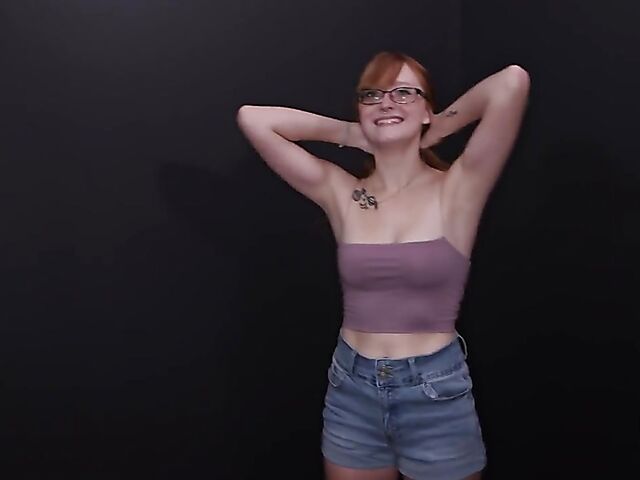 Nerdy redhead teen blowbang swallow and facial party with Amber Stark