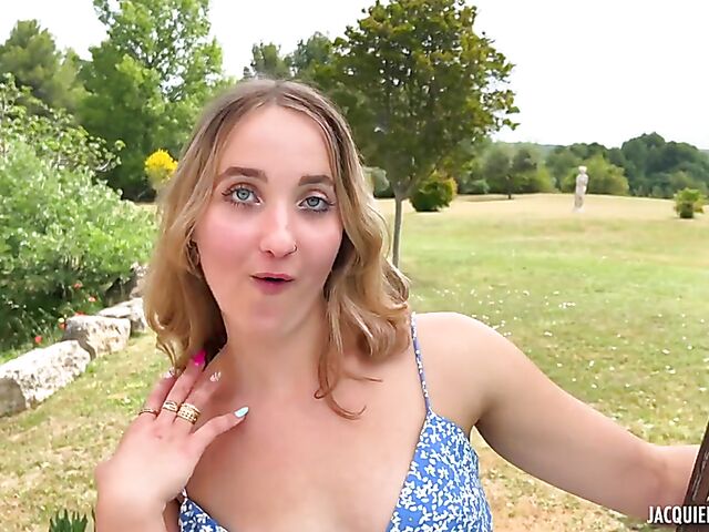 Outdoor threesome with cute French teen Chloe