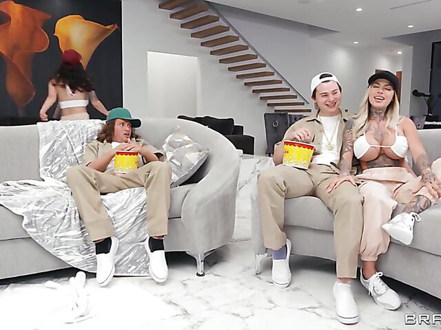 Popcorn and big tit threesome with Jasmine Wilde and Chantal Danielle