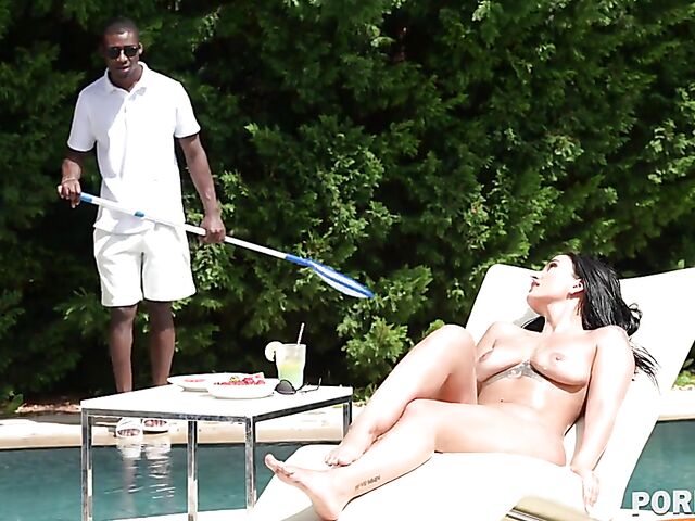 Claudia Bavel - Bikini brunette interracial sex with black pool boy