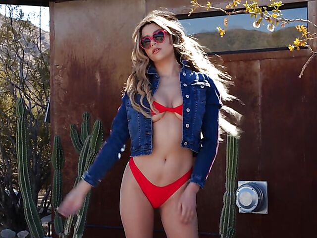 Outdoor solo in red bikini with shameless Gina Marie