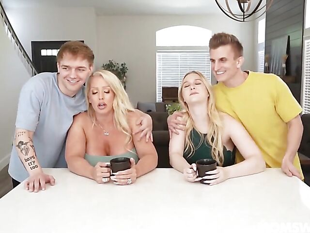 2 on 2 boy on milf foursome with busty moms Audrey Madison and Alura Jenson