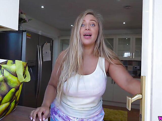 Thick milf Beth dirty talk masturbation with a glass dildo in the kitchen