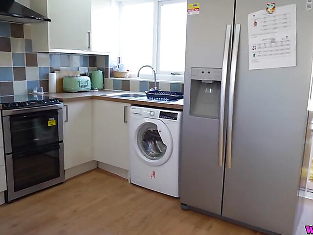 Thick milf Beth dirty talk masturbation with a glass dildo in the kitchen