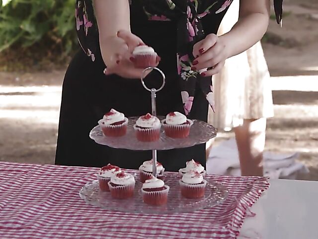 Charlotte Stokely lesbian loving in the garden with redhead Maya Kendrick