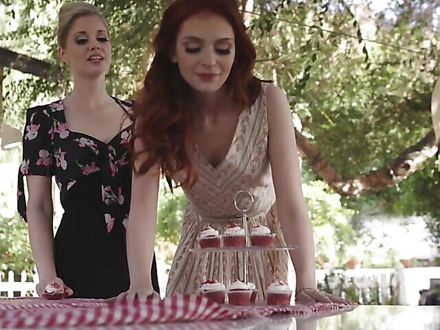 Charlotte Stokely lesbian loving in the garden with redhead Maya Kendrick