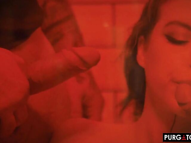 Bathroom threesome anal in the dark with inked Eden Ivy