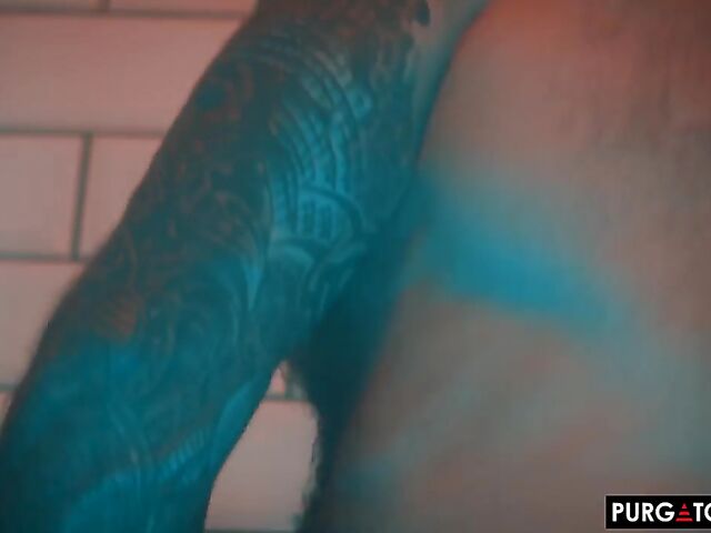 Bathroom threesome anal in the dark with inked Eden Ivy