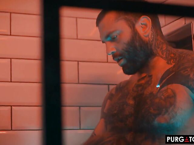 Bathroom threesome anal in the dark with inked Eden Ivy