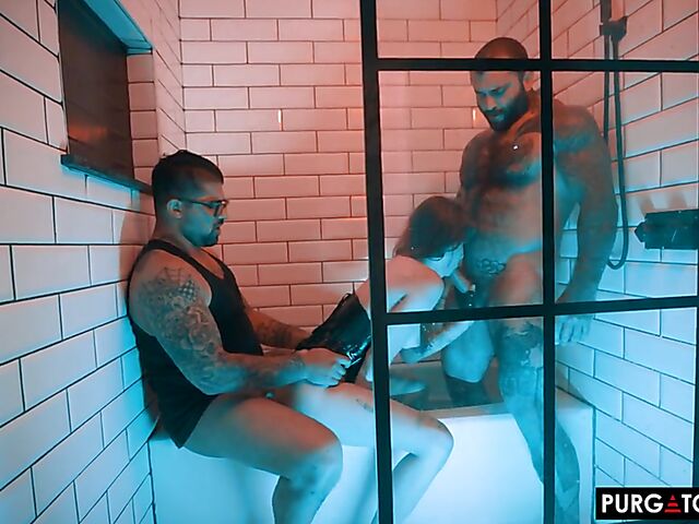 Bathroom threesome anal in the dark with inked Eden Ivy