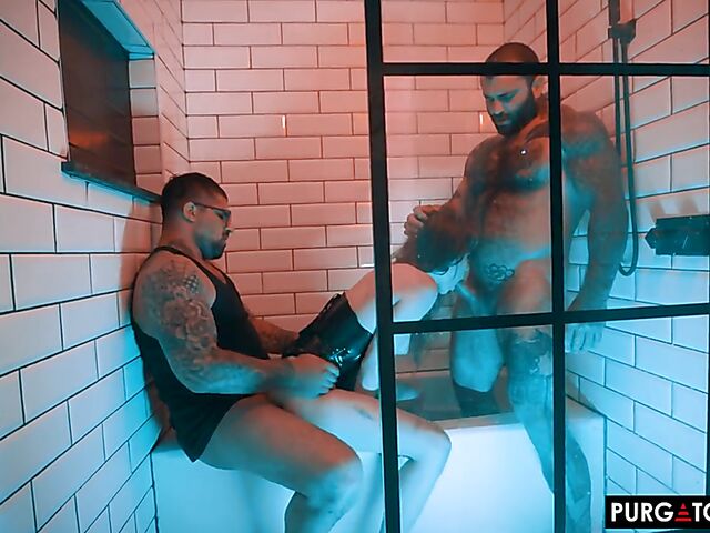Bathroom threesome anal in the dark with inked Eden Ivy