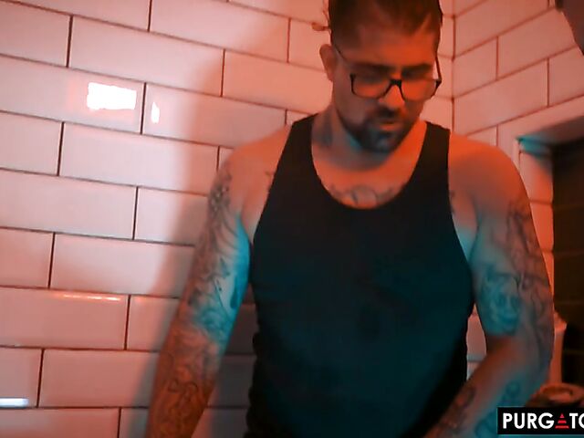 Bathroom threesome anal in the dark with inked Eden Ivy