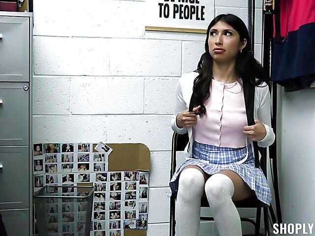 Raven-haired shoplifter with a tight pussy Penelope Woods gets tricked into fucking