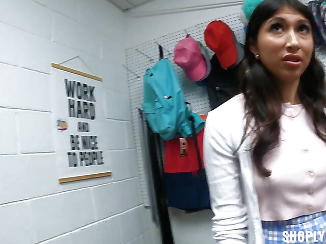 Raven-haired shoplifter with a tight pussy Penelope Woods gets tricked into fucking