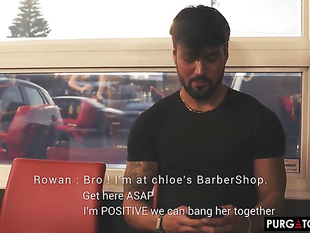 Blonde threesome at the barbershop featuring Chloe Creamy