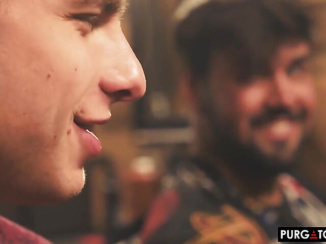 Blonde threesome at the barbershop featuring Chloe Creamy