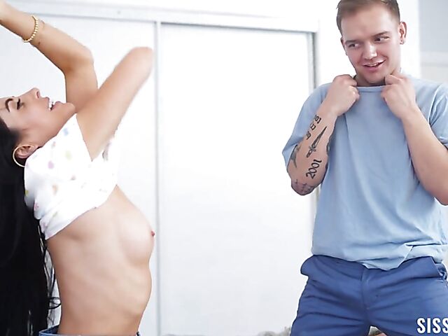 River Lynn & Theodora Day - Teen foursome in the bedroom with stepsisters