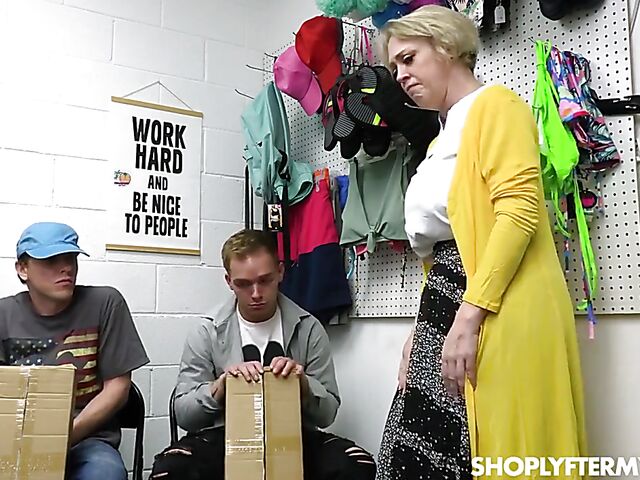 Big tits mom Dee Williams fucks the loss prevention officer to help her stepson and his friend