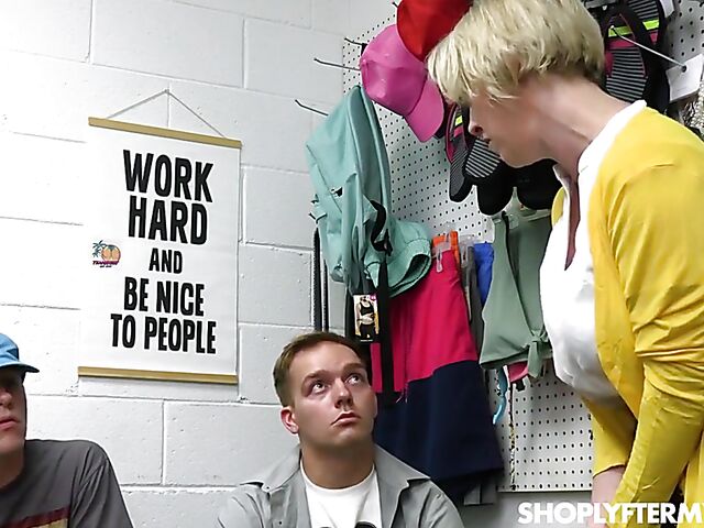 Big tits mom Dee Williams fucks the loss prevention officer to help her stepson and his friend