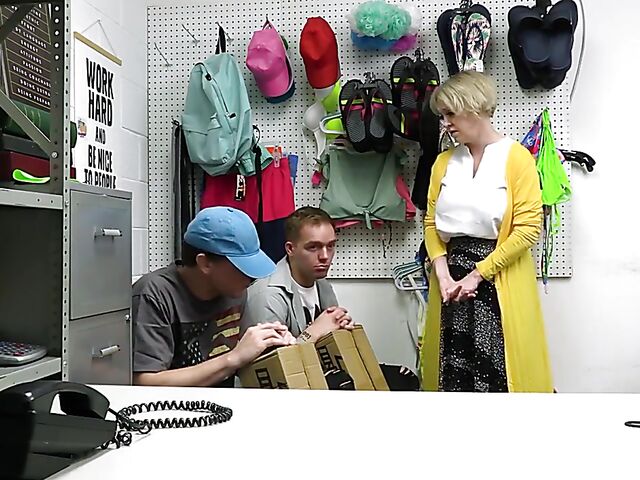 Big tits mom Dee Williams fucks the loss prevention officer to help her stepson and his friend