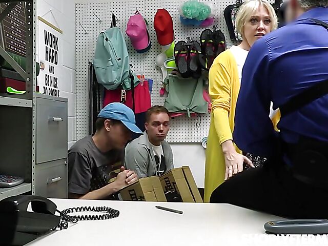 Big tits mom Dee Williams fucks the loss prevention officer to help her stepson and his friend