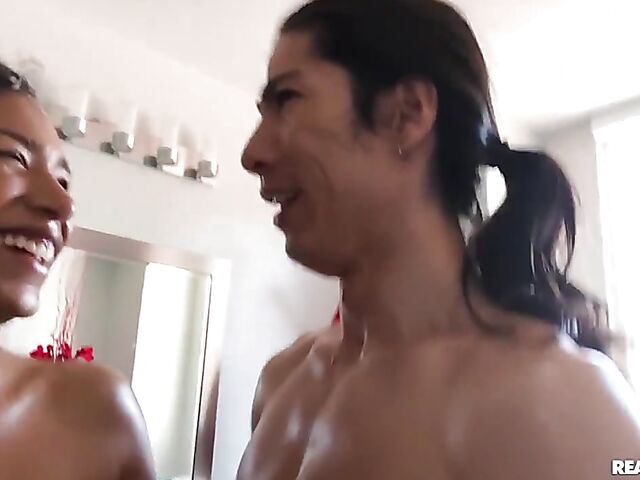 Kitt Lacey - Oiled interracial couple fucking on the massage table