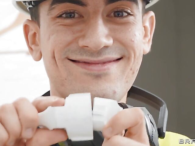 Redhead glasses babe Mina Von D sucks her dildo and fucks a boy in uniform