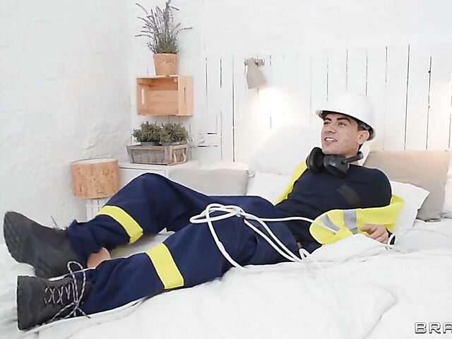 Redhead glasses babe Mina Von D sucks her dildo and fucks a boy in uniform