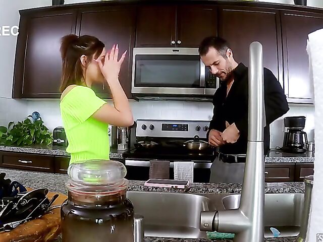 Petite girl Aria Valencia gets caught masturbating in the laundry room and fucks her stepdaddy