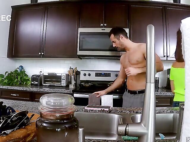 Petite girl Aria Valencia gets caught masturbating in the laundry room and fucks her stepdaddy