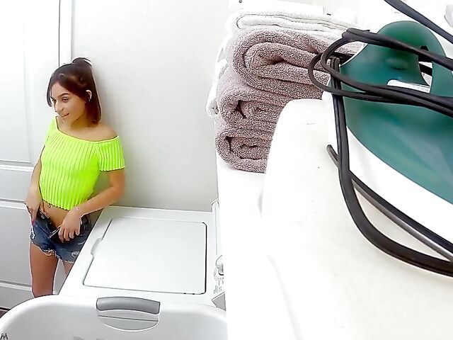 Petite girl Aria Valencia gets caught masturbating in the laundry room and fucks her stepdaddy