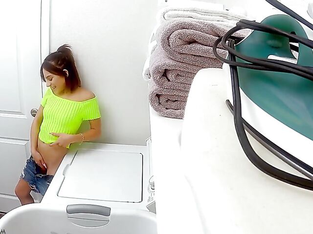 Petite girl Aria Valencia gets caught masturbating in the laundry room and fucks her stepdaddy