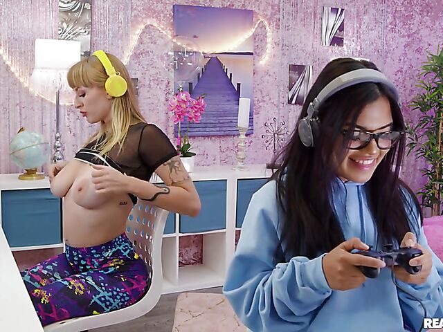 Big tits camgirl Angel Youngs gets screwed behind the game streamer's back