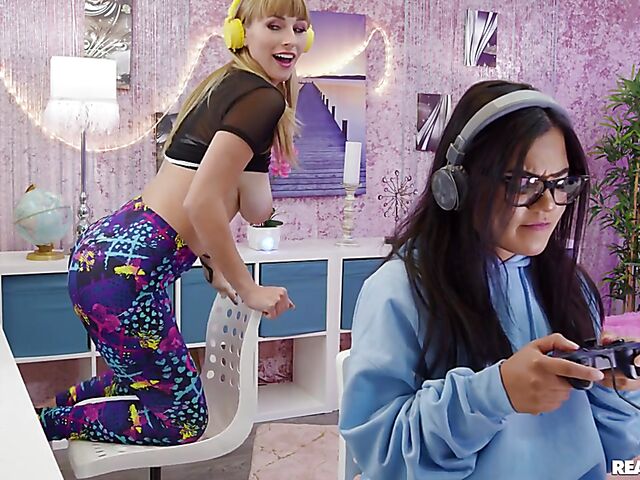 Big tits camgirl Angel Youngs gets screwed behind the game streamer's back