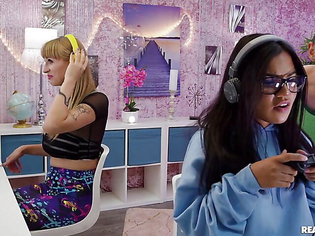 Big tits camgirl Angel Youngs gets screwed behind the game streamer's back