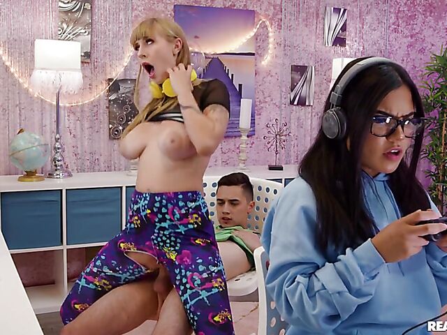 Big tits camgirl Angel Youngs gets screwed behind the game streamer's back