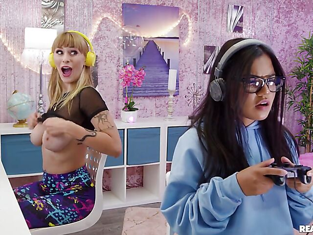 Big tits camgirl Angel Youngs gets screwed behind the game streamer's back