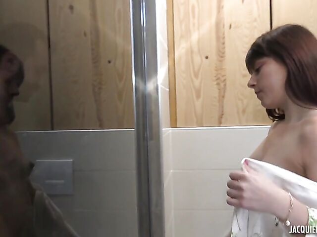 Small boobs french girl Tiny Chipie seduces a white guy in the shower after having fun with her black lover