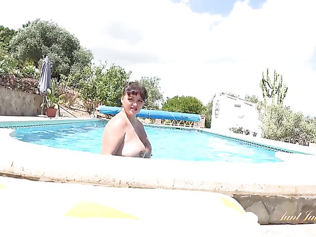 Outdoor mature POV tease poolside featuring Devon