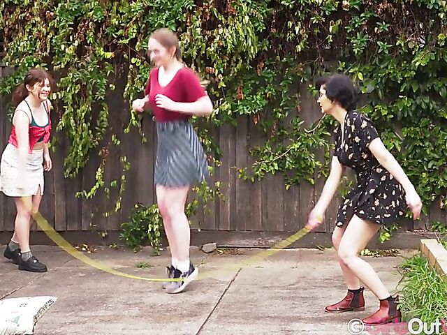 Australian lesbian girlfriends Amelia P and Tahlia play with a jump rope
