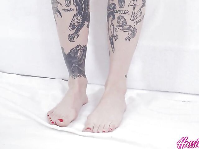 Tattooed brunette casting and oily pussy fuck with Demi Morgan