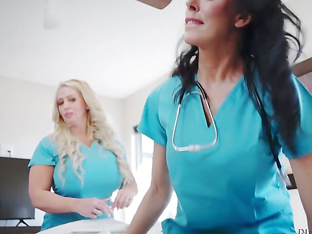 2-on-1 FFM big titty MILF nurse threesome with a boy featuring Alura Jenson and Reagan Foxx