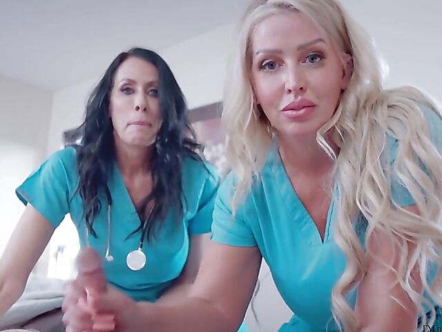 2-on-1 FFM big titty MILF nurse threesome with a boy featuring Alura Jenson and Reagan Foxx
