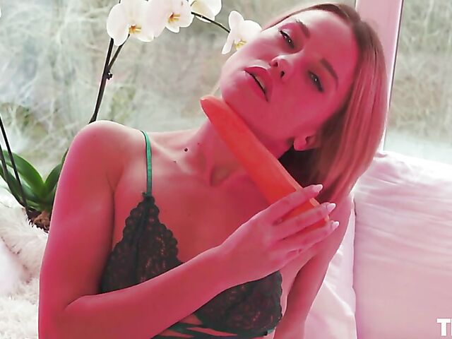 Erika E - Sweet babe in green lingerie solo masturbation with a carrot