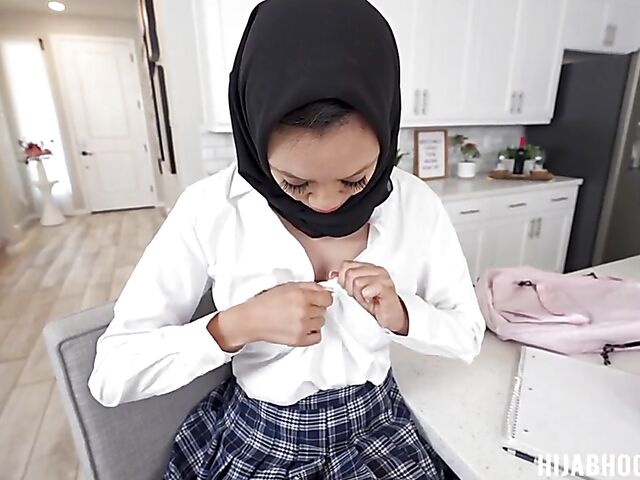 POV hijab sex with shaved muslim student Madi Laine