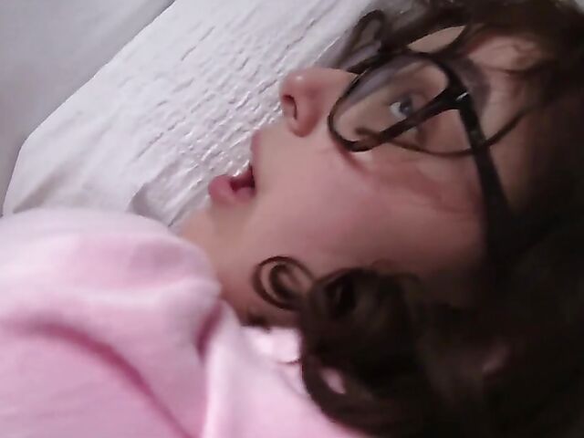 POV teen with glasses Leana Lovings gets dicked down in her bed