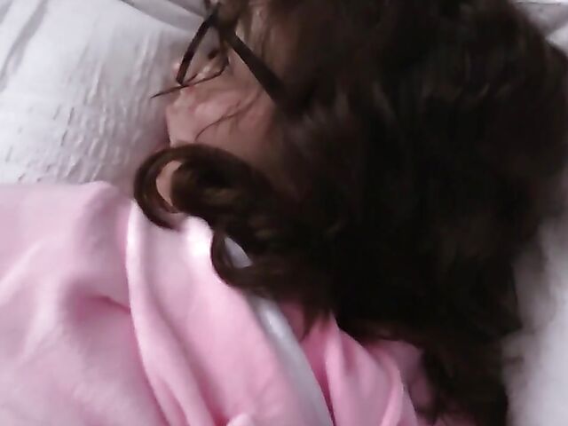 POV teen with glasses Leana Lovings gets dicked down in her bed