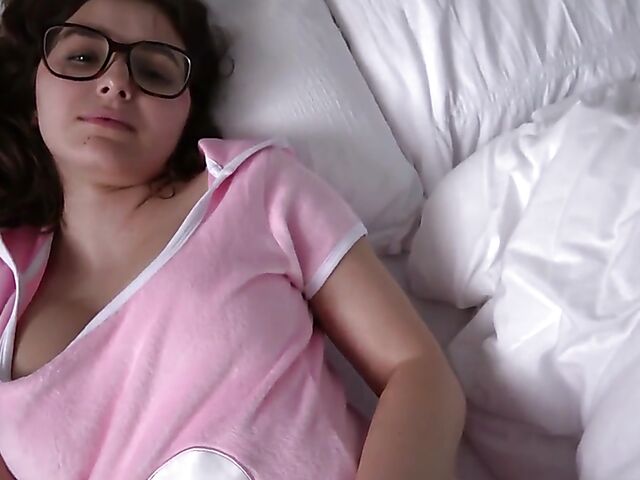 POV teen with glasses Leana Lovings gets dicked down in her bed