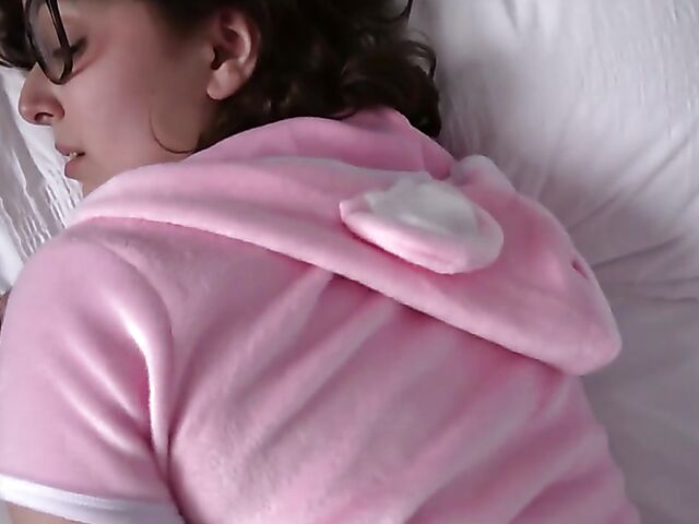 POV teen with glasses Leana Lovings gets dicked down in her bed